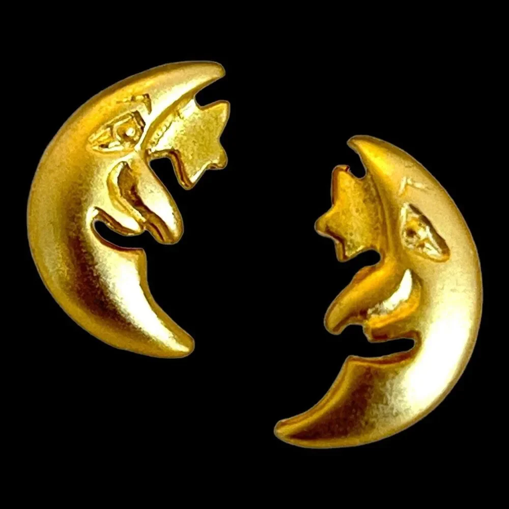 Vintage 1980s Stud Earrings Brushed Gold Tone Man in the Moon - 13U